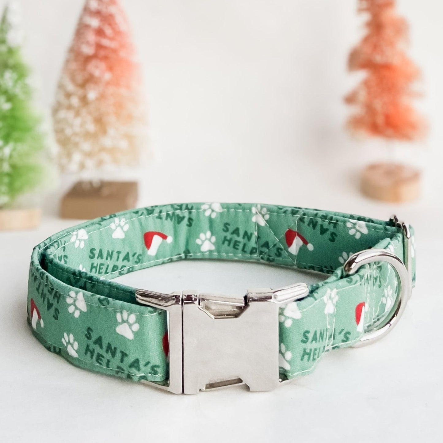 Santa's Helper green dog collar with silver metal buckle