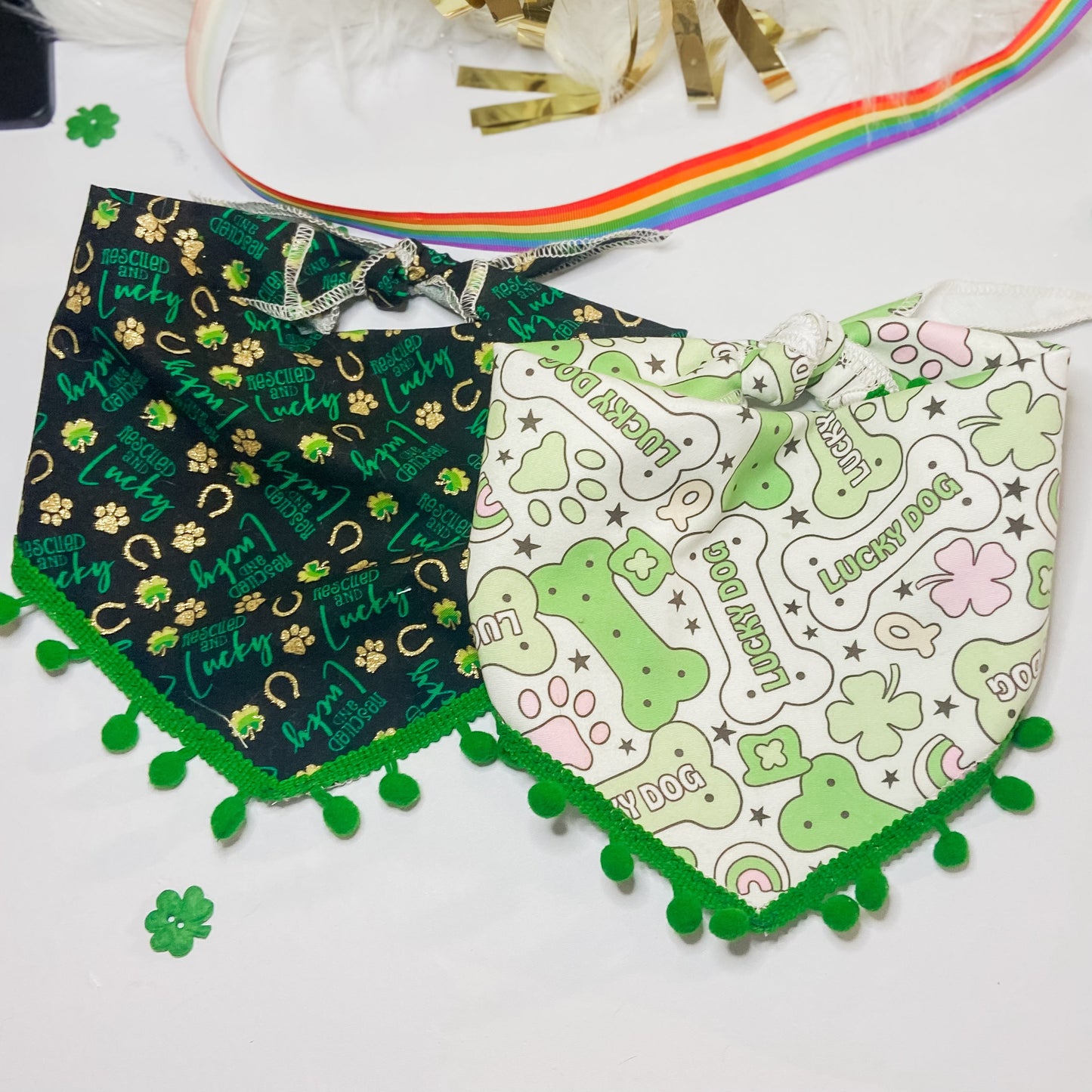 Rescued and Lucky with pom trim option dog bandana st patricks day accessory