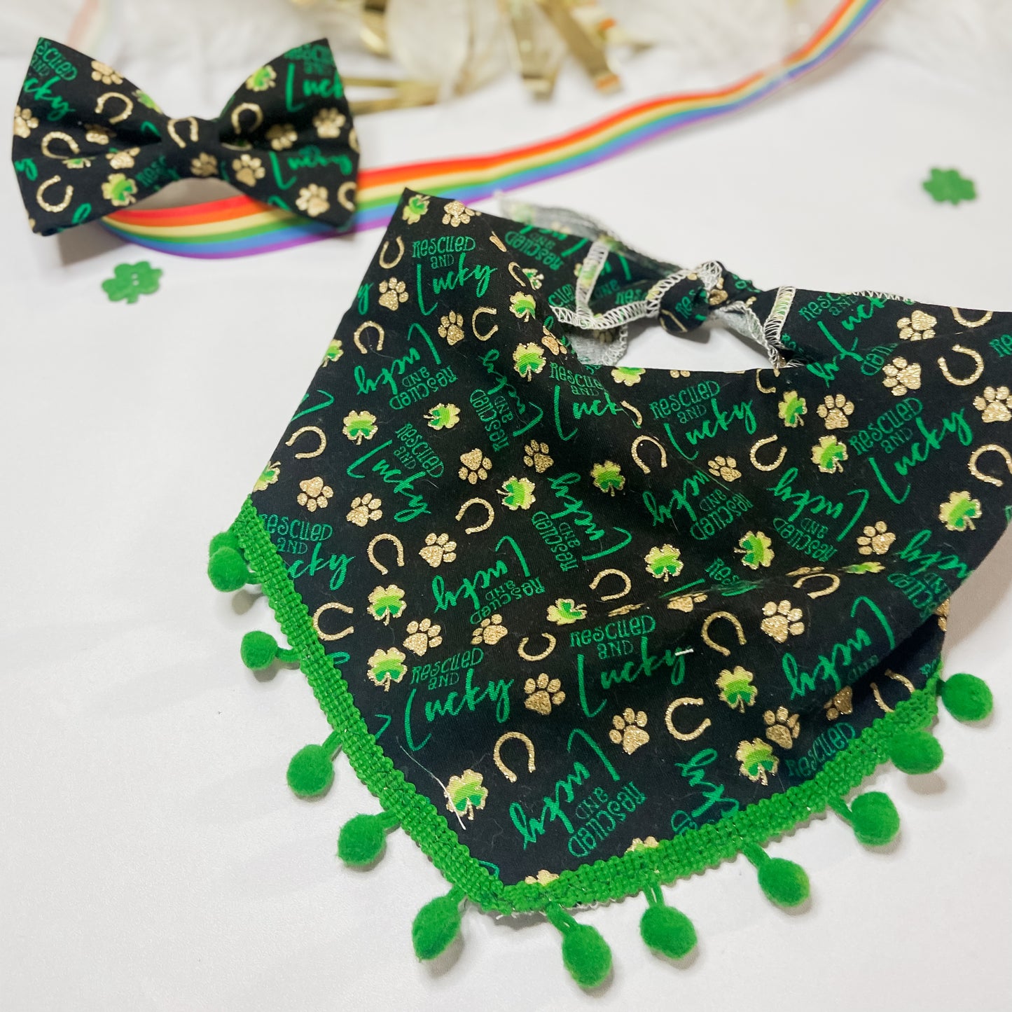 Rescued and Lucky with pom trim option dog bandana st patricks day accessory