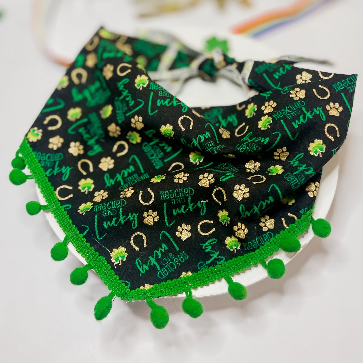 Rescued and Lucky with pom trim option dog bandana st patricks day accessory