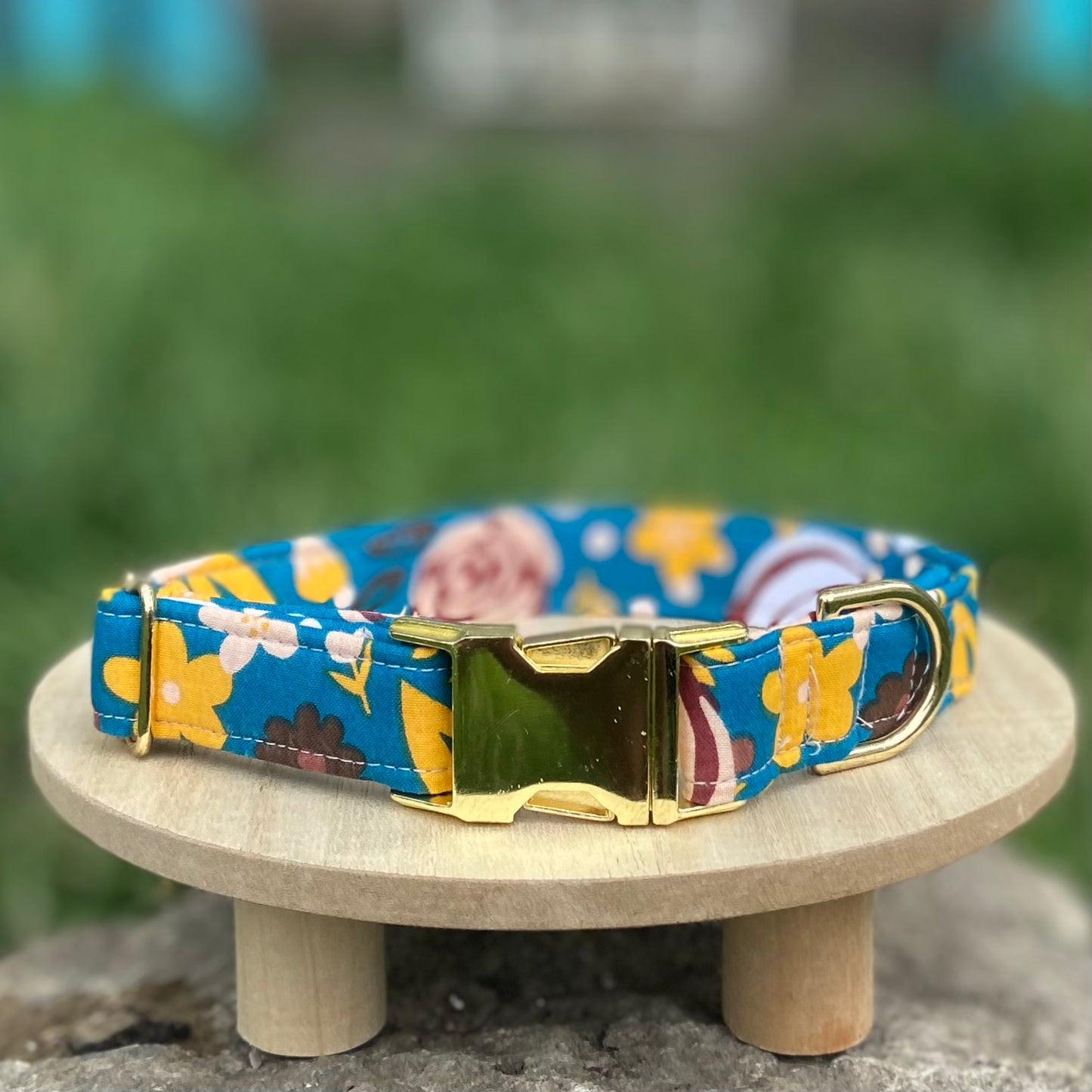 Teal floral dog collar with gold hardware