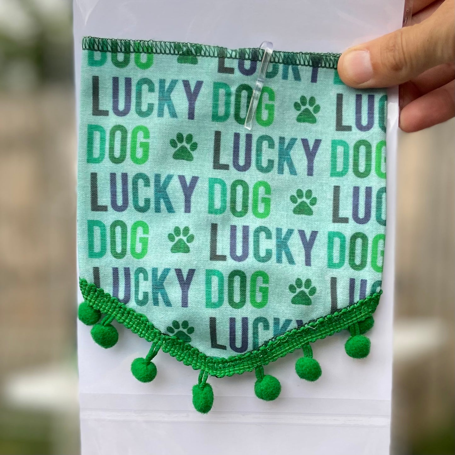 Lucky dog green pom pom trim St. Patrick's day dog bandana