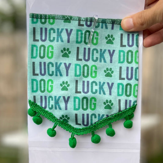 Lucky dog green pom pom trim St. Patrick's day dog bandana