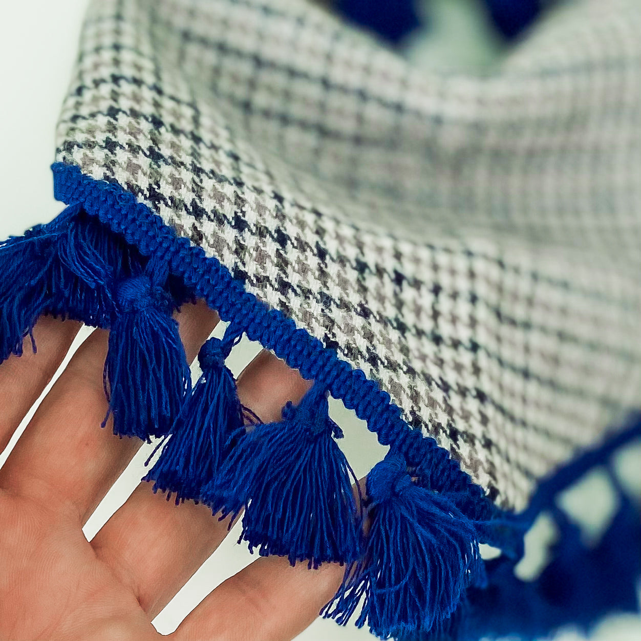 Gray flannel check and blue tassels dog bandana
