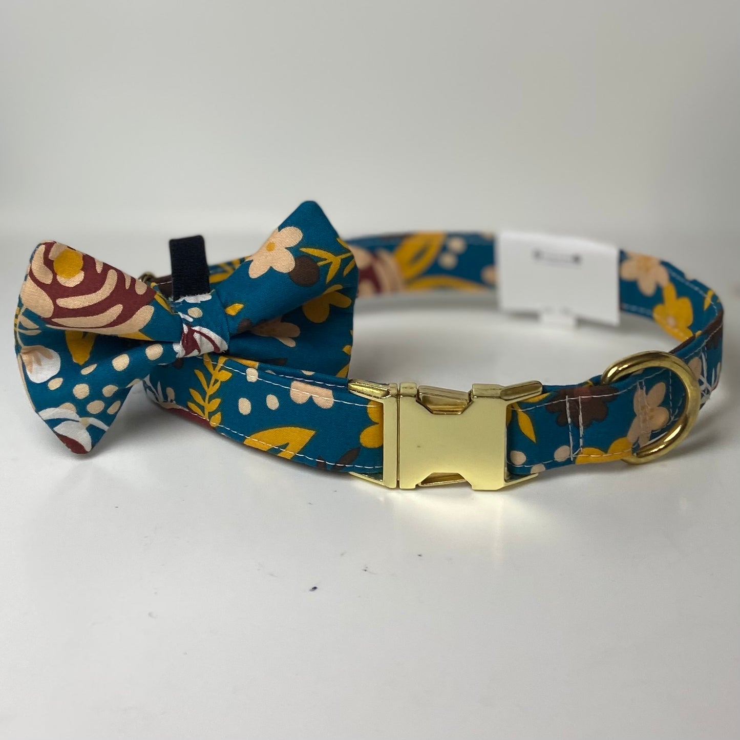 Teal floral dog bow and collar with gold hardware