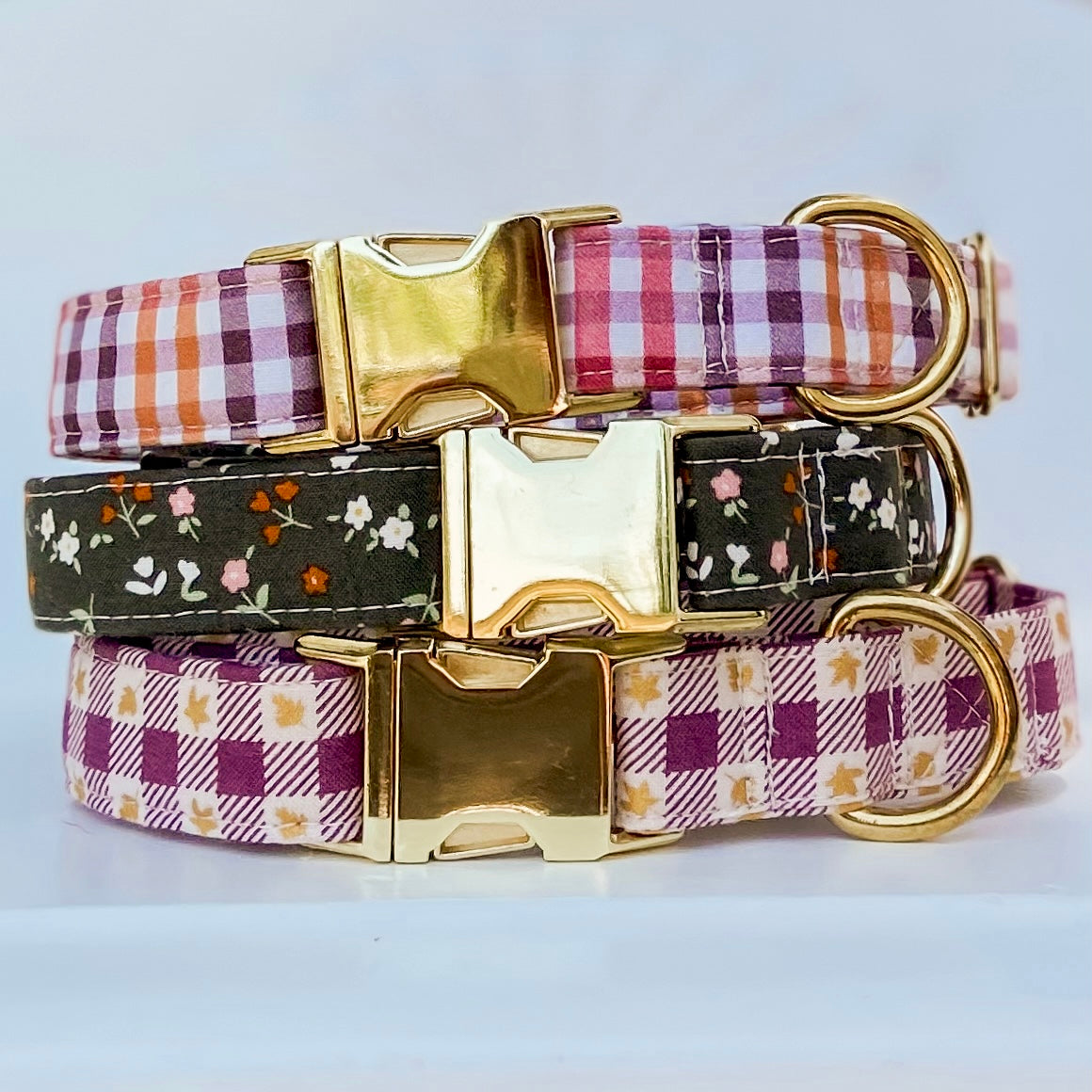 Fall dog collar maroon maple leaves plaid check