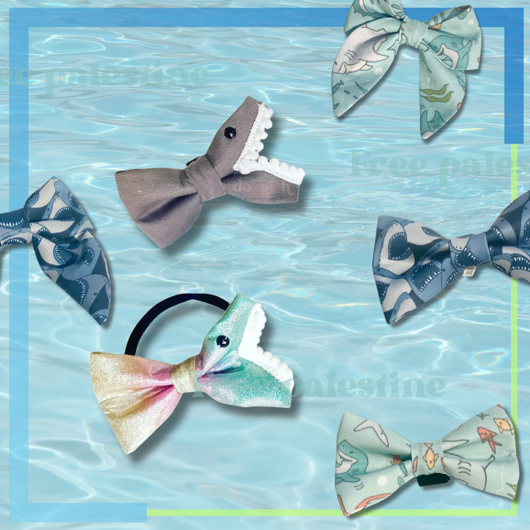 Colorful sharks and fish dog bow tie accessory