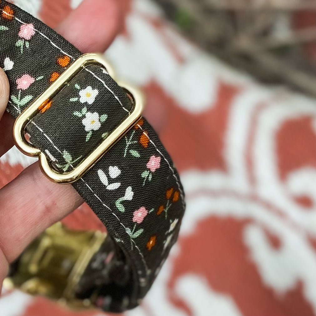 Handmade dog collar moss green and rust floral