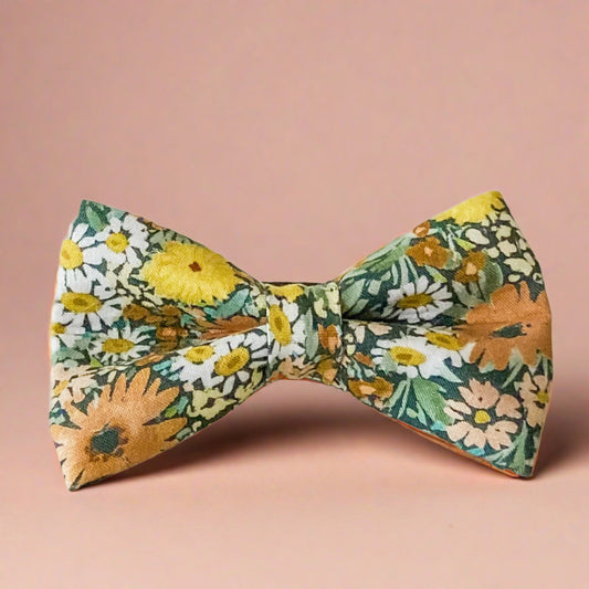 Dog bow tie Wild Daisies sage and peach fuzz pet accessory
