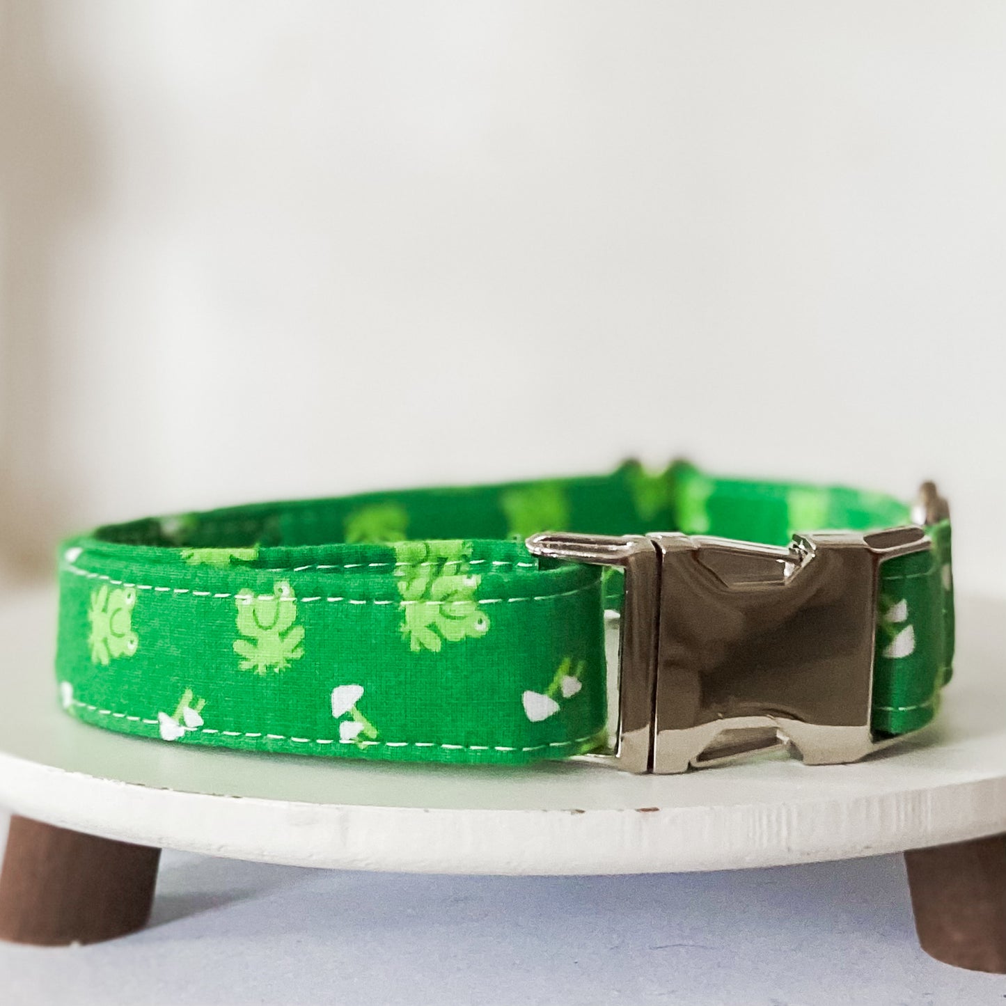 Dog collar Frogs and Shrooms in bright grassy green spring