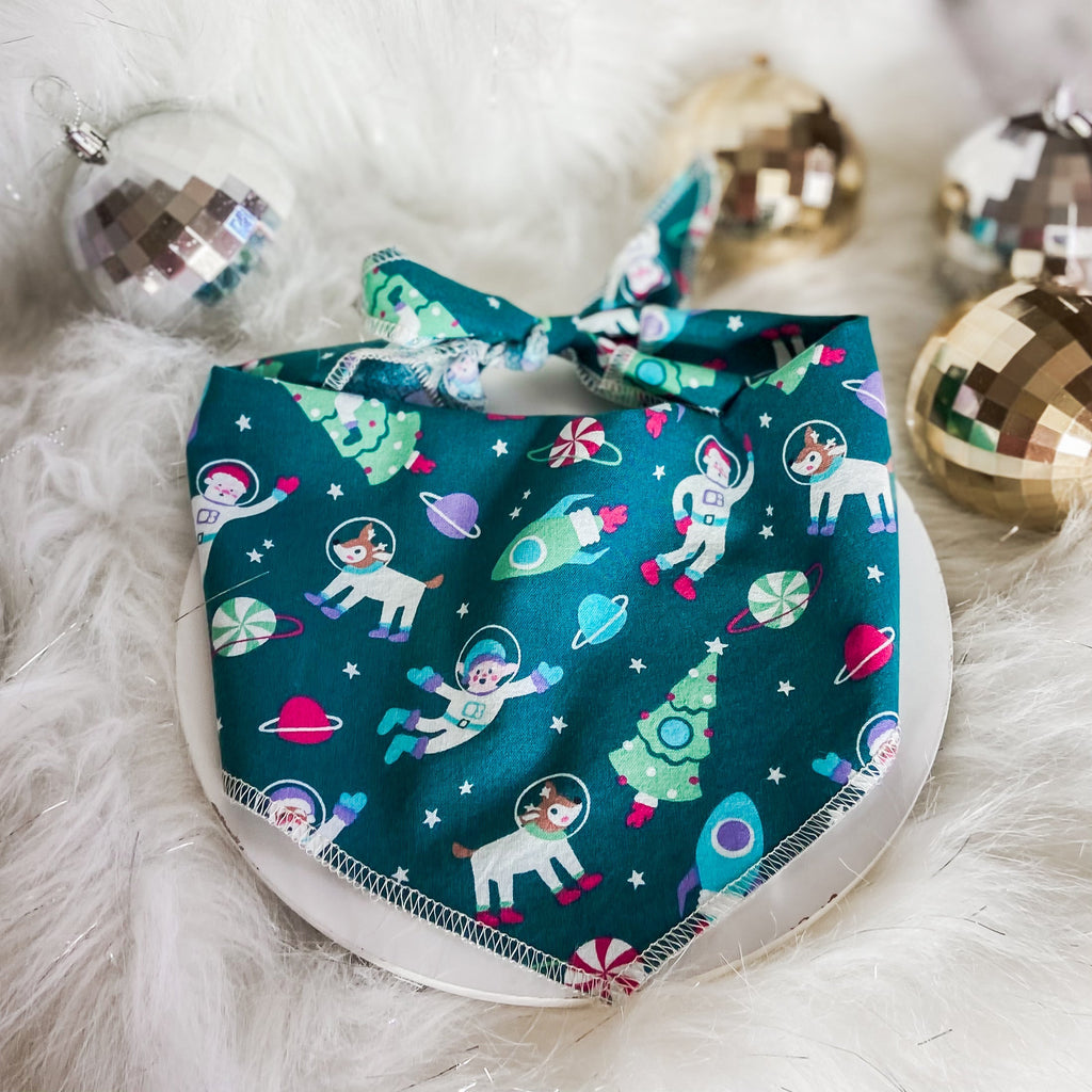 Santas in Space teal Christmas dog bandana pet accessory