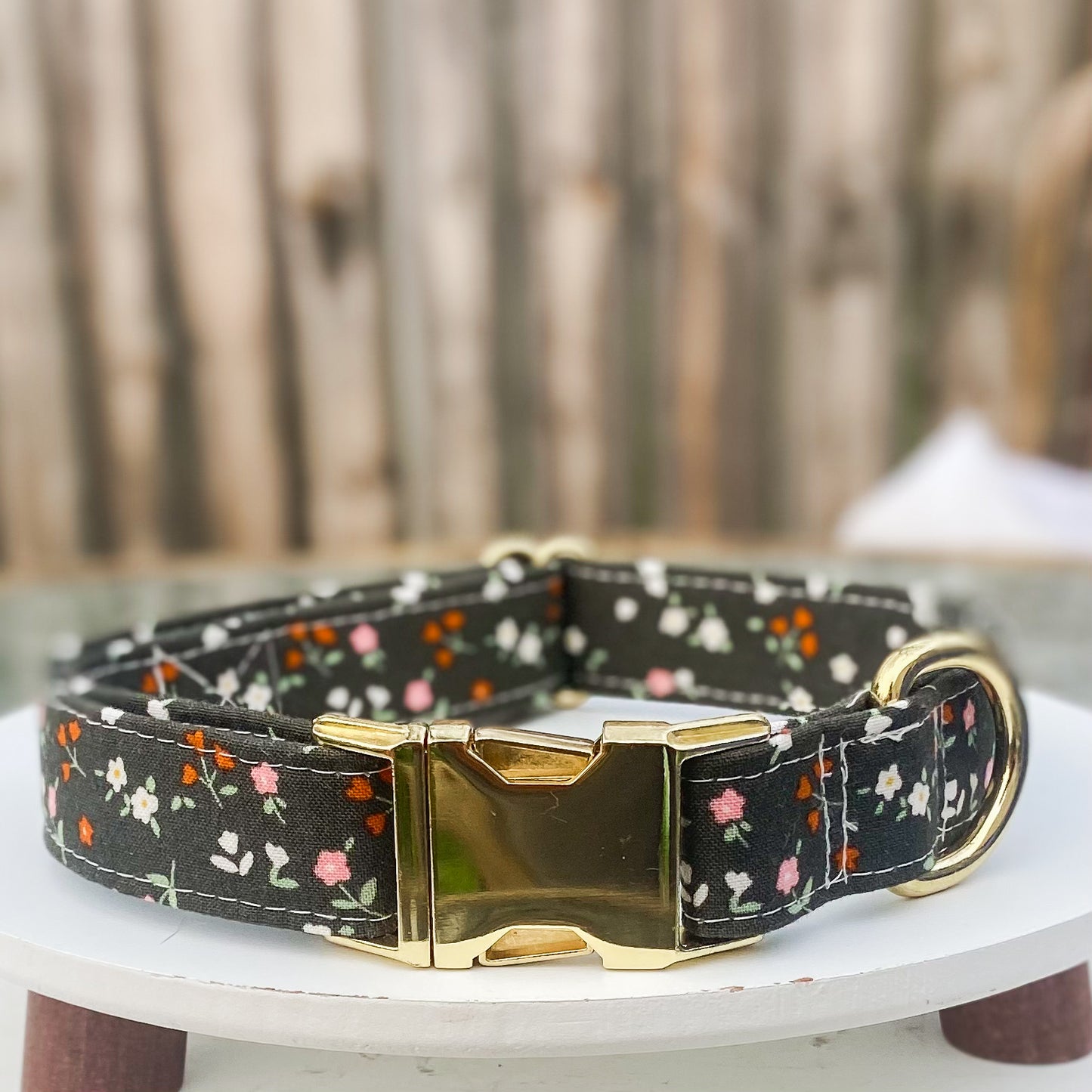 Handmade dog collar moss green and rust floral