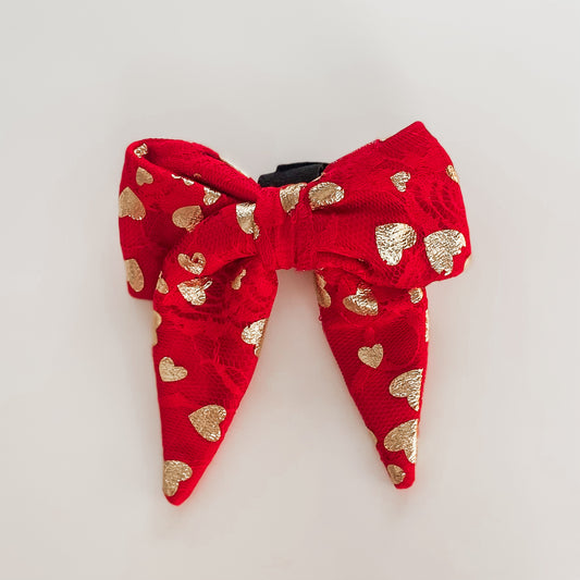 Cupid’s bow red lace and gold hearts valentine sailor dog bow