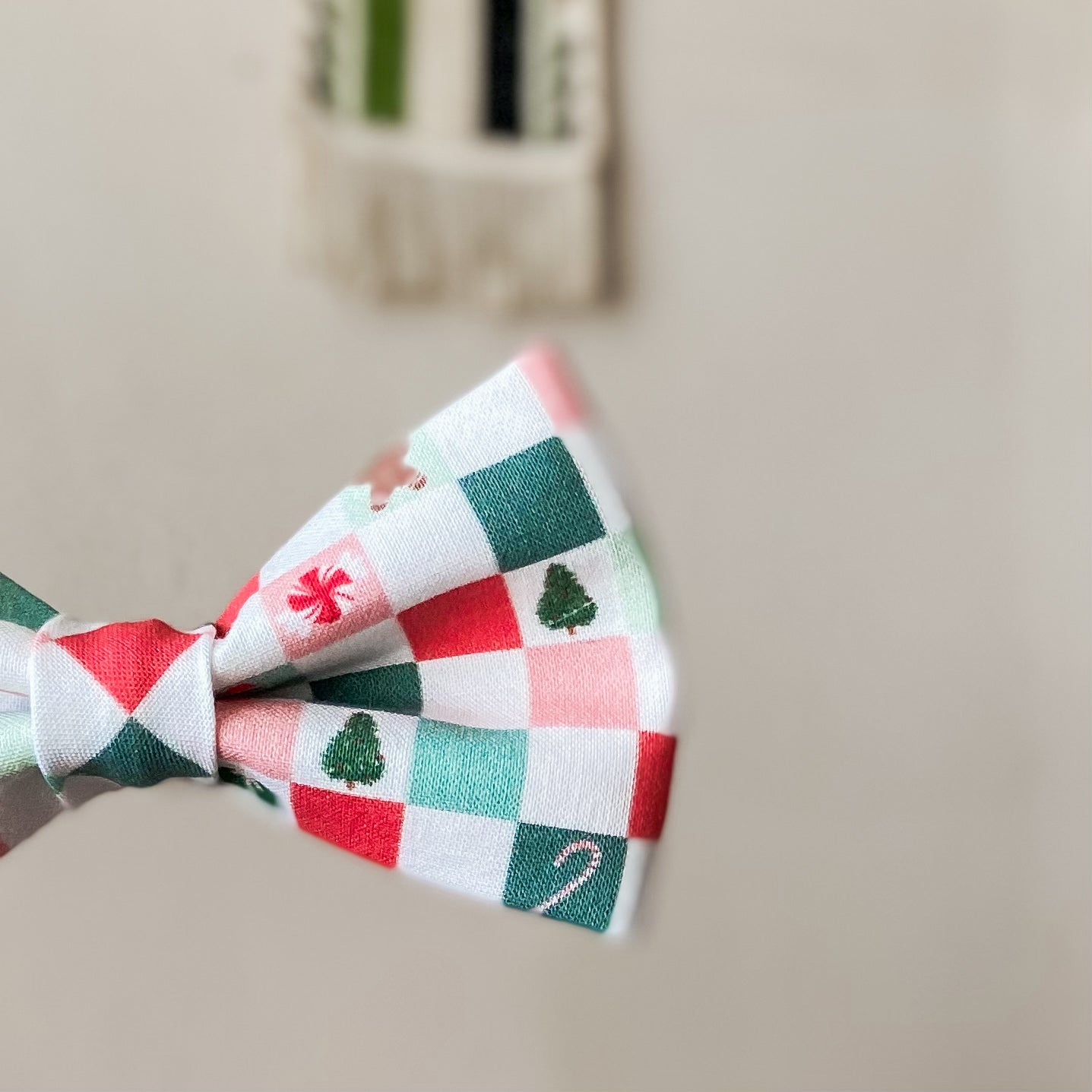 Red and green checkerboard Christmas dog bow tie pet accessory