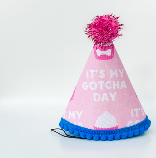 Dog Gotcha Day pink pupcake pawty hat