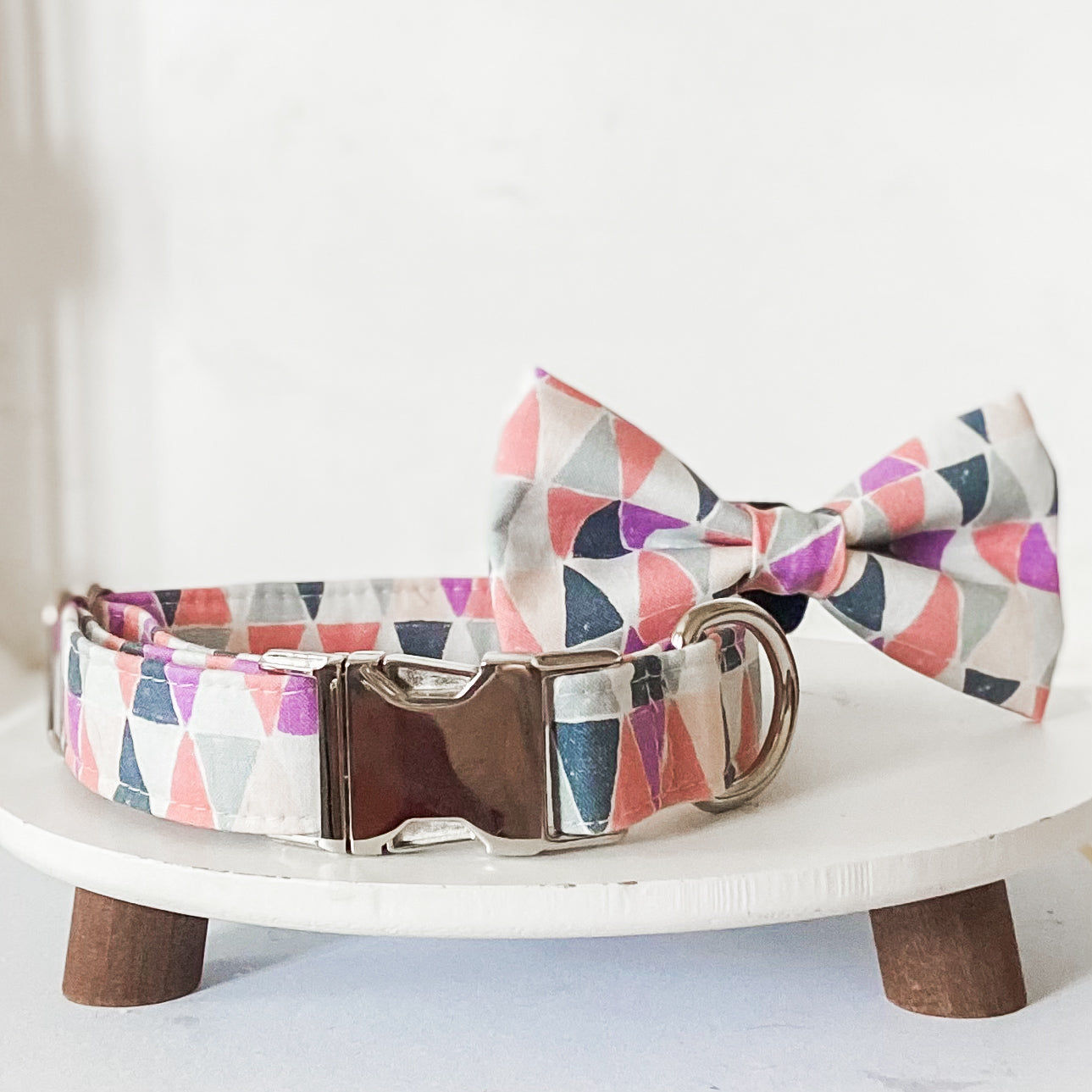 Dog bow tie Colorful geometric pink and purple spring pet accessory