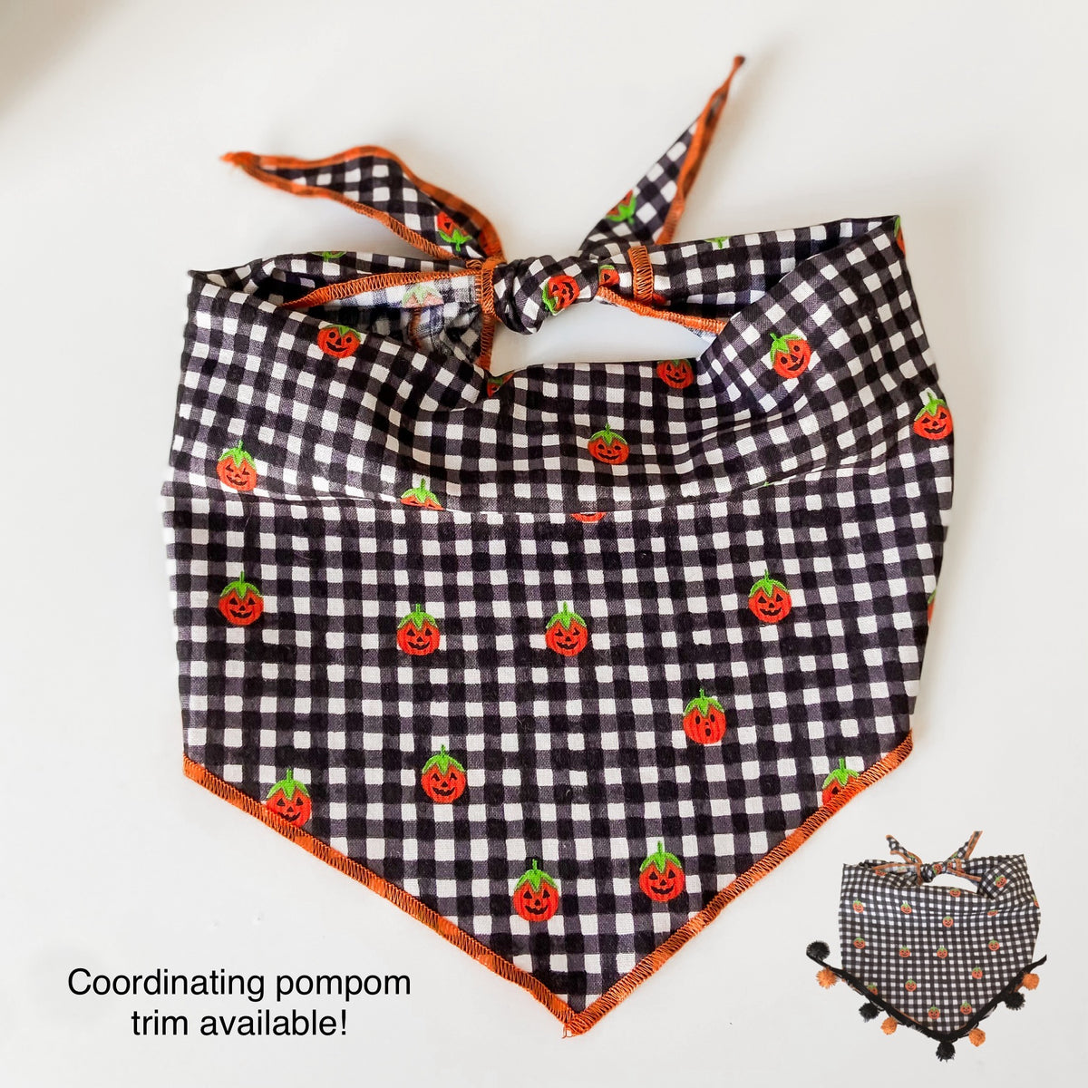 Jolly jack-o-lanterns plaid Halloween dog bandana with optional pompom trim