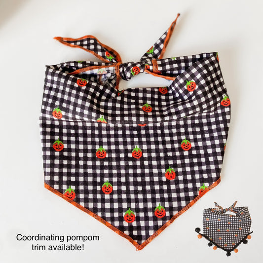 Jolly jack-o-lanterns plaid Halloween dog bandana with optional pompom trim