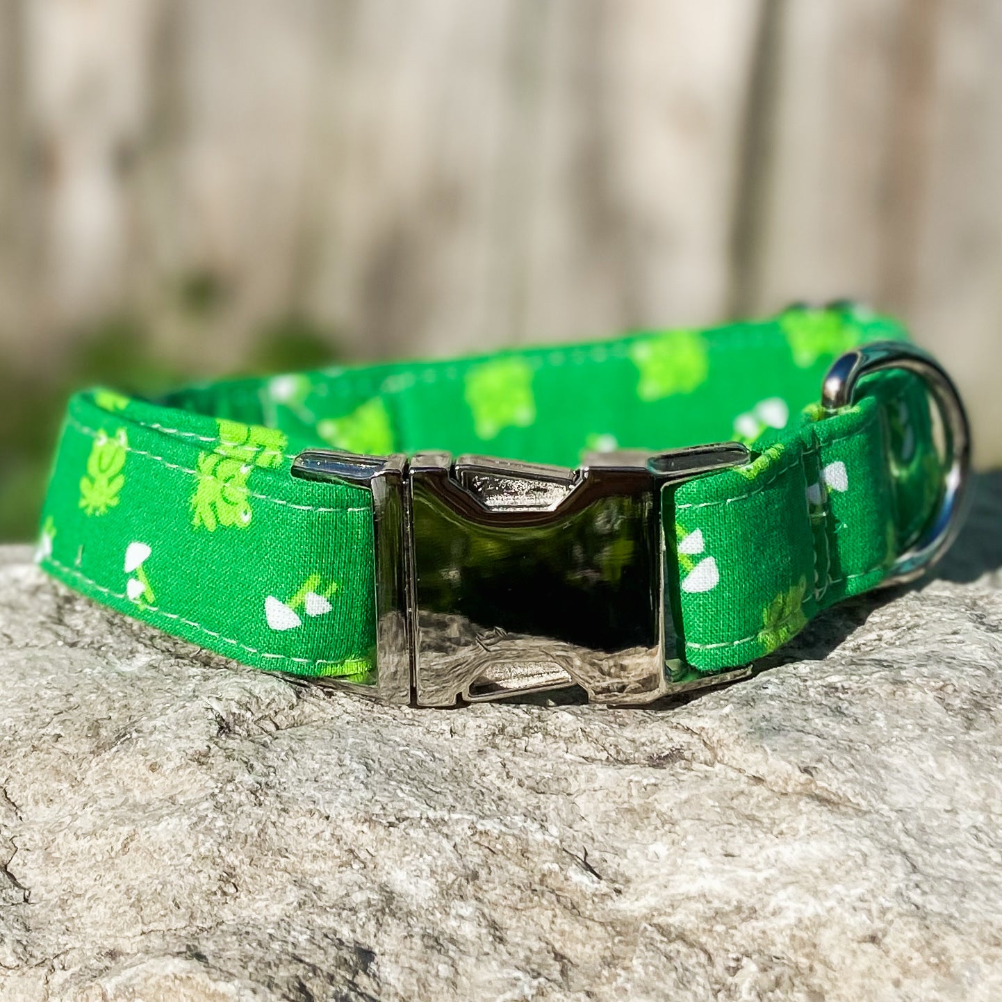 Dog collar Frogs and Shrooms in bright grassy green spring