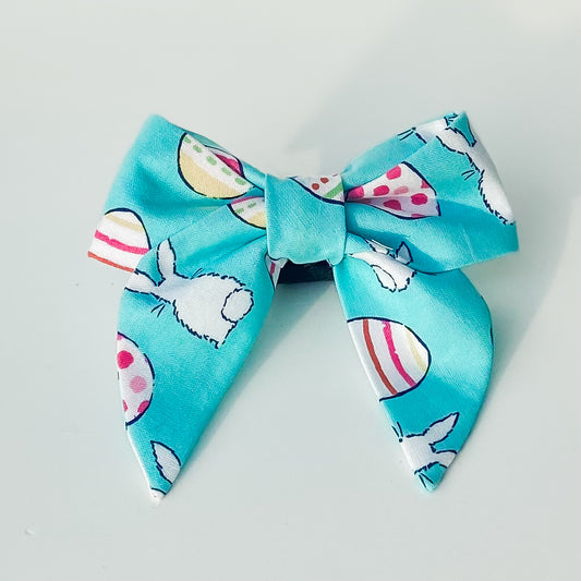 Bright blue easter bunnies and eggs sailor dog bow