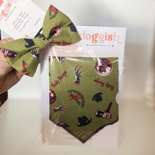 Bow and bandana set spooky elm street halloween dog bandana and bow