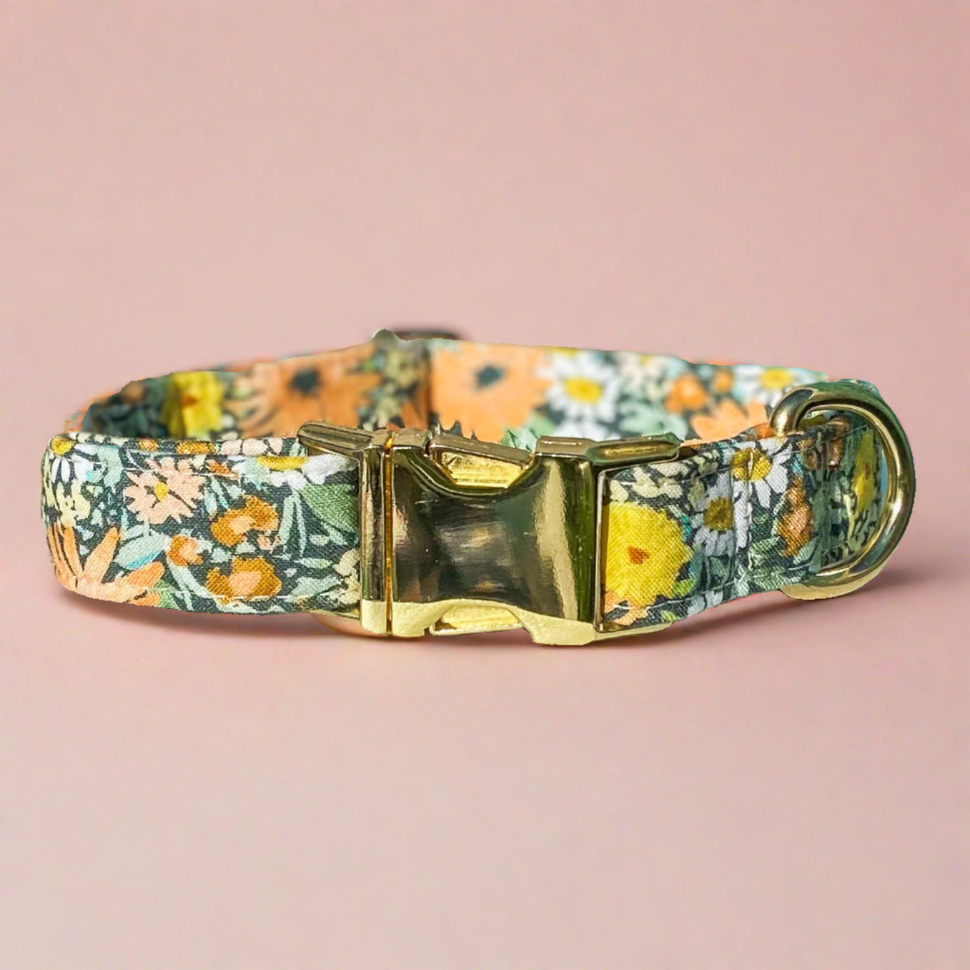 Wild Daisies sage and peach fuzz spring dog collar gold buckle