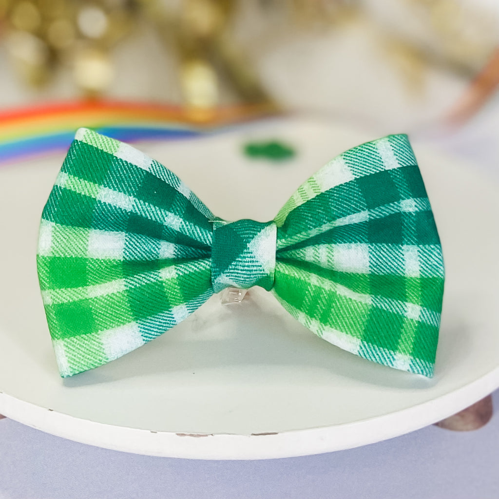 Green plaid st pats dog bow tie pet accessory