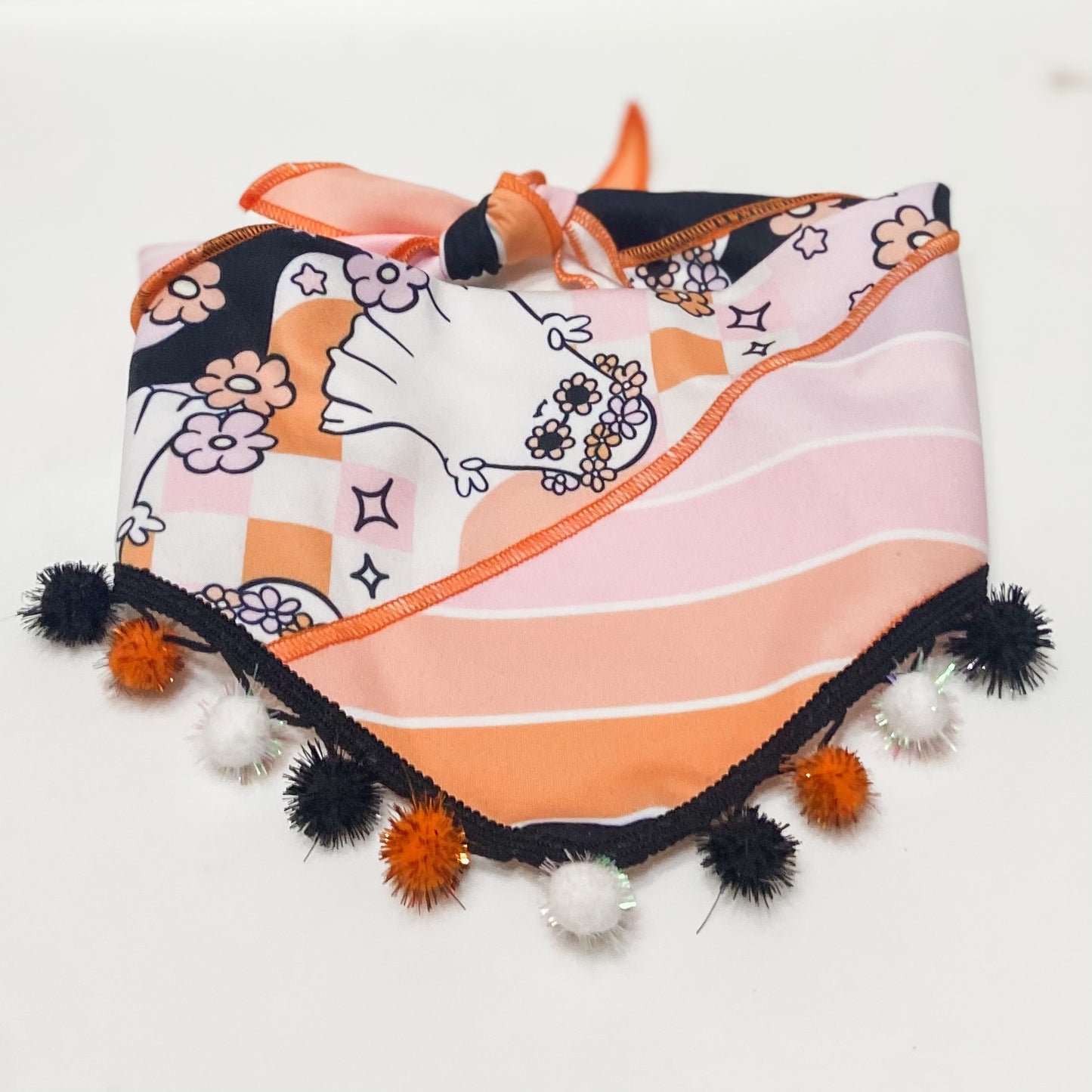 Ghoul Gang floral ghosties dog bandana with sparkle pom pom trim.