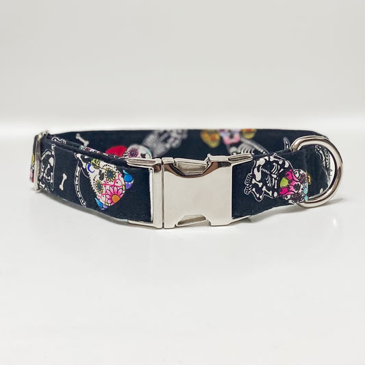 Sugar skull dogs Halloween dog collar with silver metal buckle