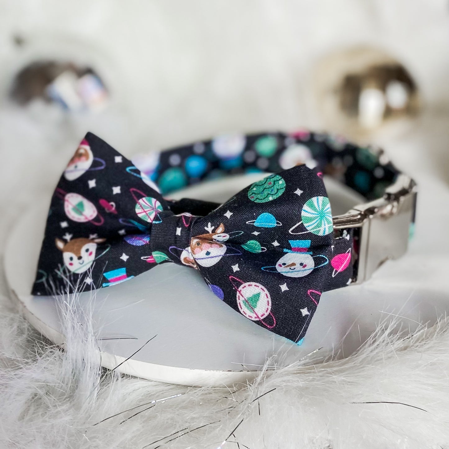 Joy to the universe Christmas dog collar with silver metal buckle