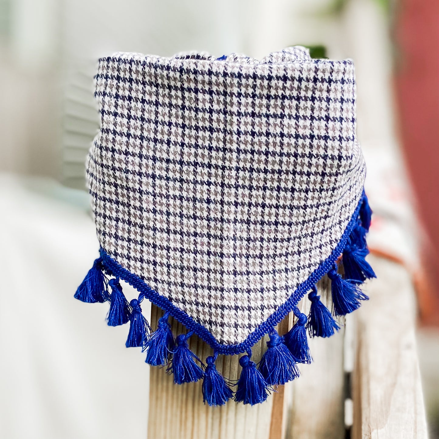 Gray flannel check and blue tassels dog bandana