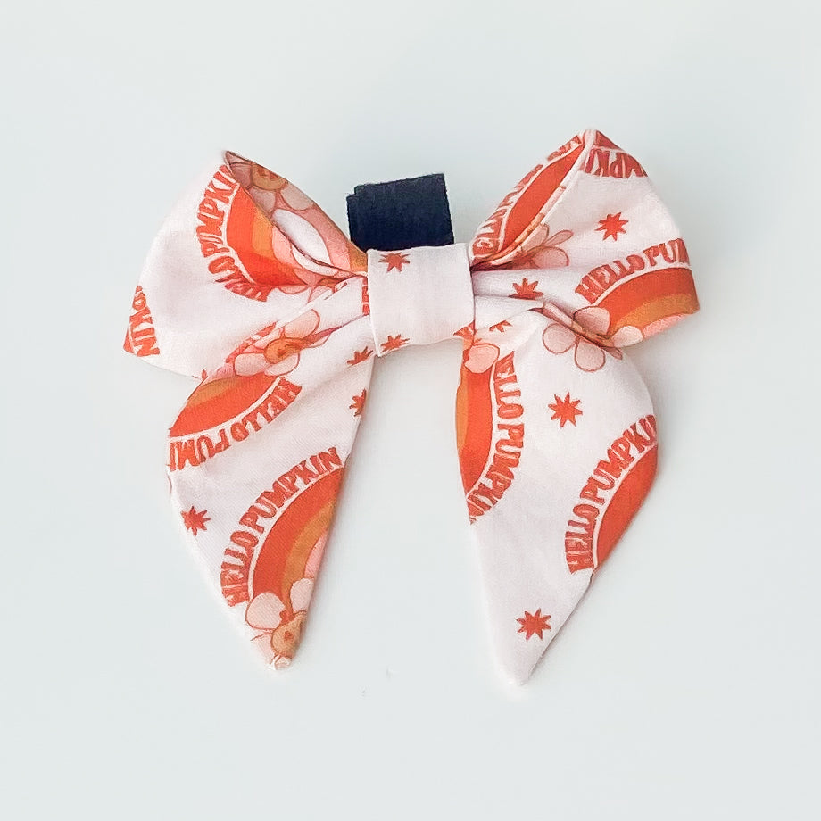 Hello, Pumpkin fall dog sailor bow with retro rainbows