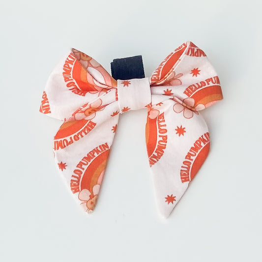 Hello, Pumpkin fall dog sailor bow with retro rainbows