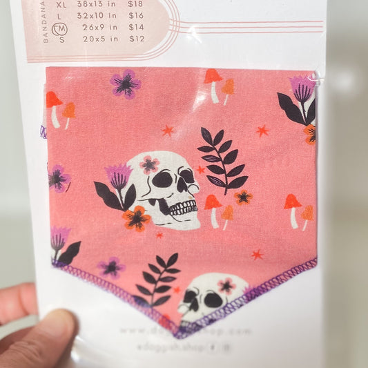 Pink skulls and mushrooms Halloween dog bandana