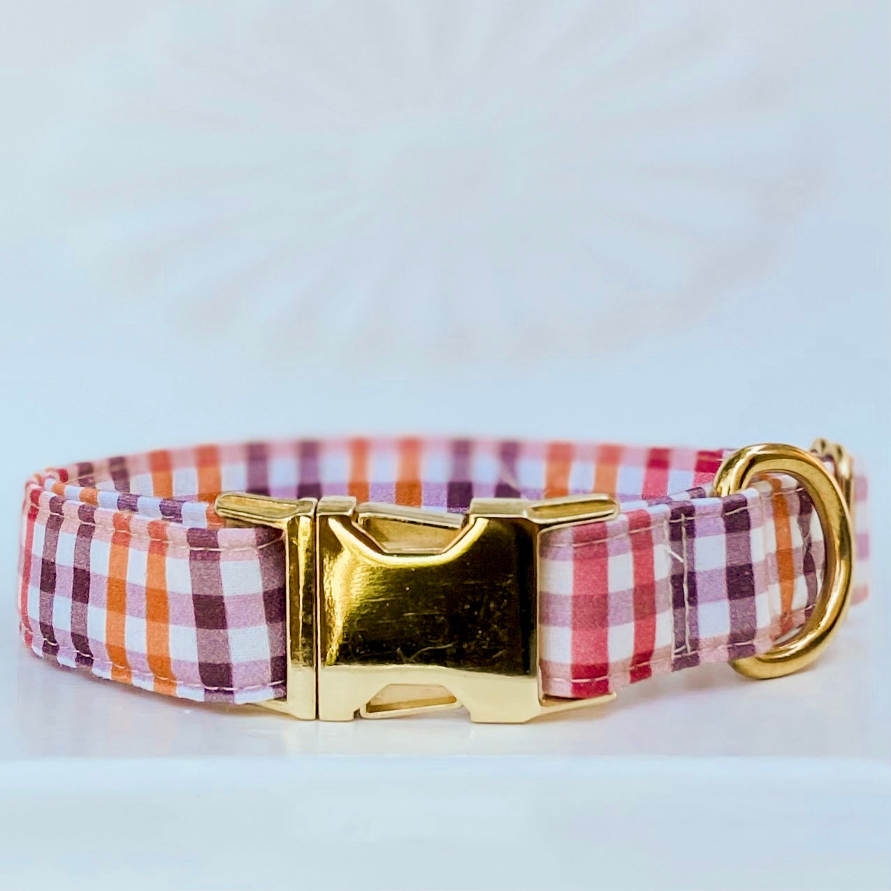 Fall colors berry and gold plaid check dog collar