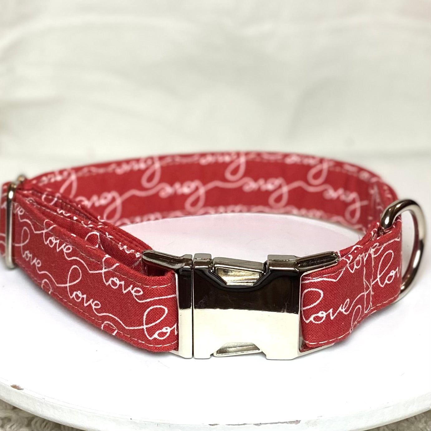 LOVE red script Valentine dog collar with silver metal buckle