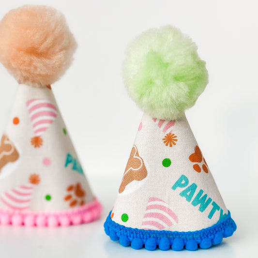 PAWTY! dog party hat with cakes and hats dog birthday accessory