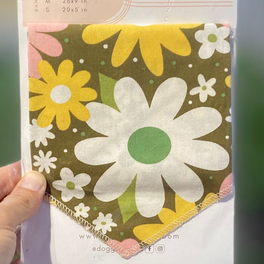 Retro daisies pink and yellow floral green dog bandana
