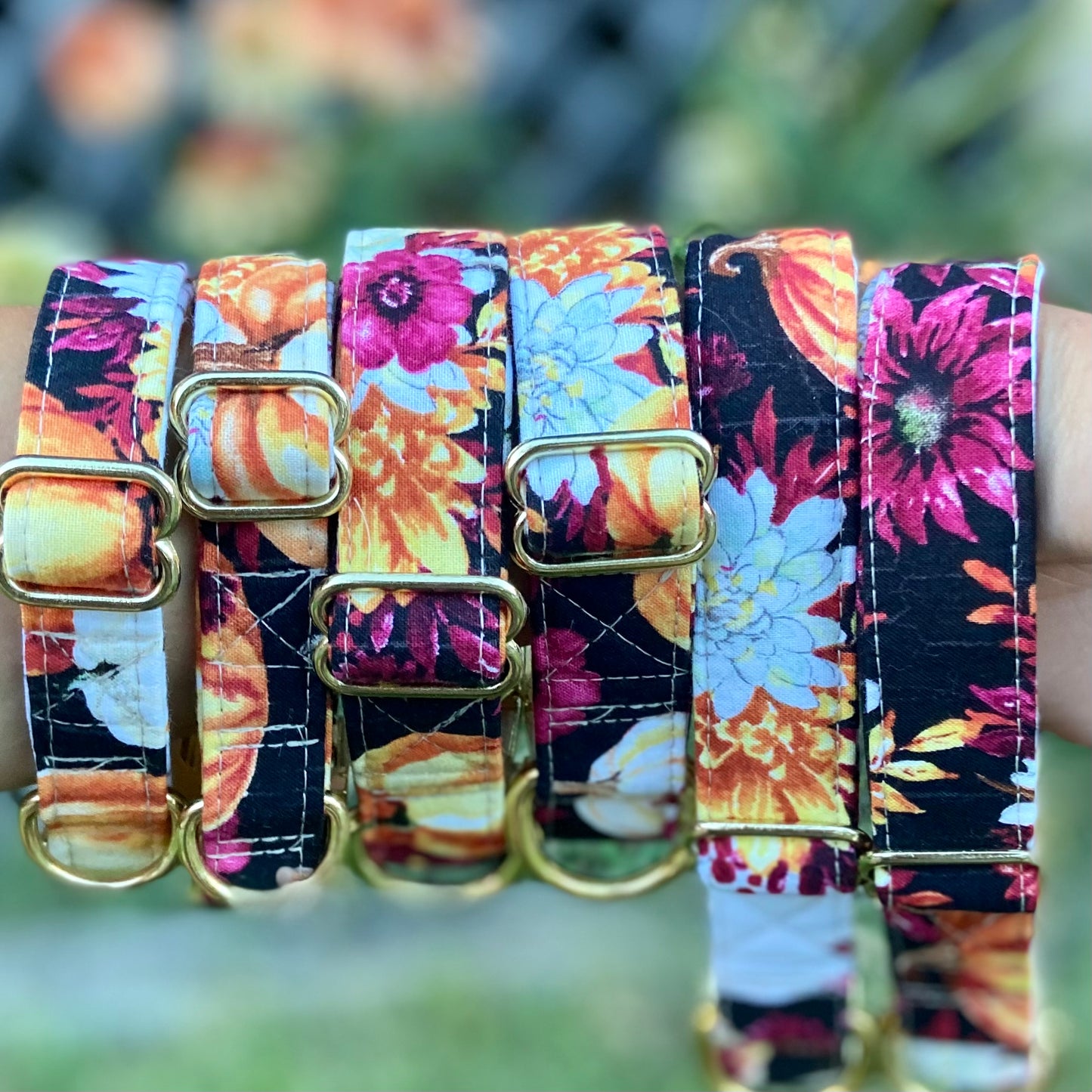 Pumpkin floral fall dog collar with gold hardware