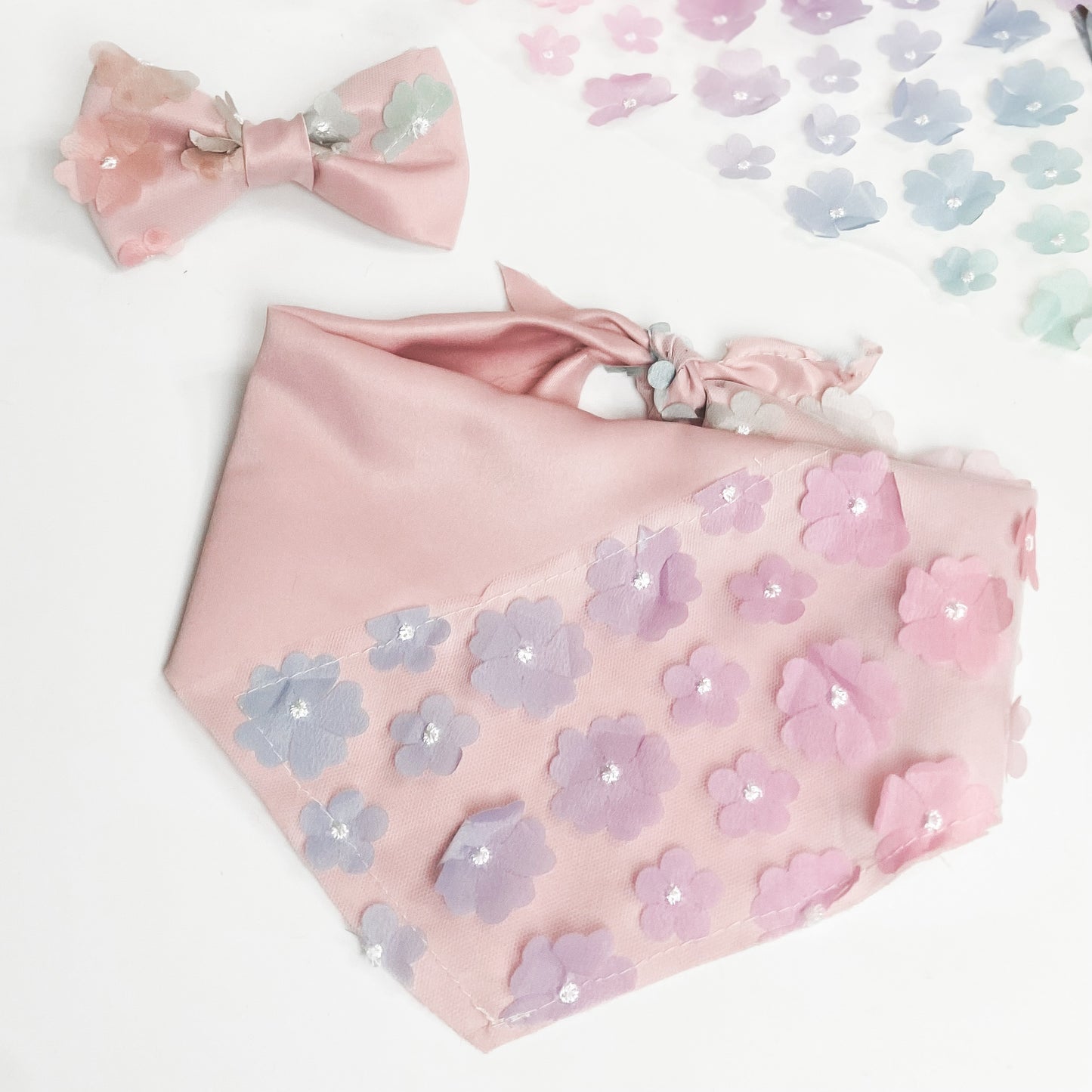 In Bloom floral dog bow with fluttery floral accents