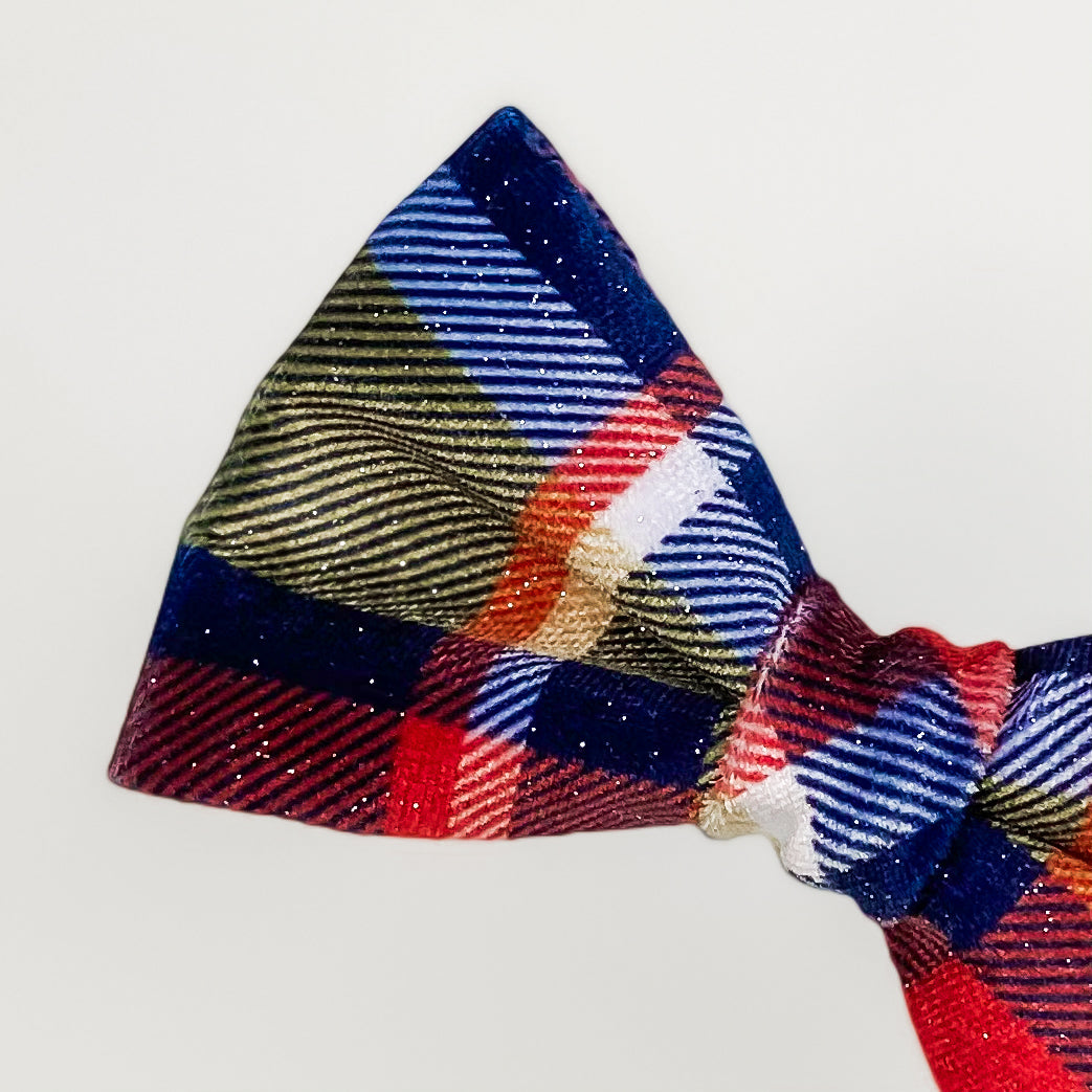 Velvet plaid blue and orange fall dog bow tie