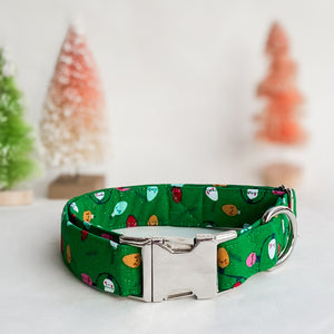Very Merry and Bright Christmas Lights dog collar with silver metal buckle