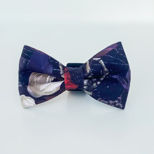 Halloween Victorian gothic dog bow with flowers, cobwebs, and skeletons