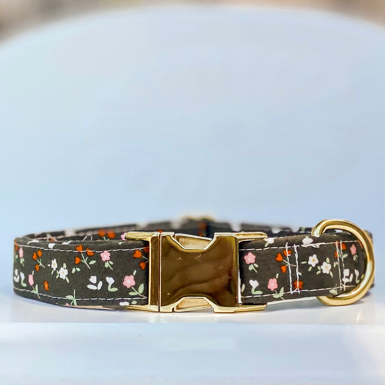 Handmade dog collar moss green and rust floral