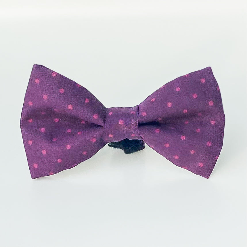 Deep plum fall dog bow tie with berry colored pin dots