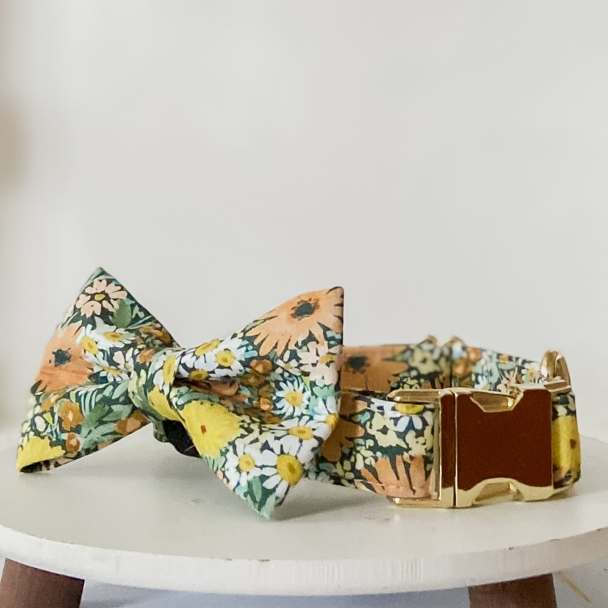 Dog bow tie Wild Daisies sage and peach fuzz pet accessory