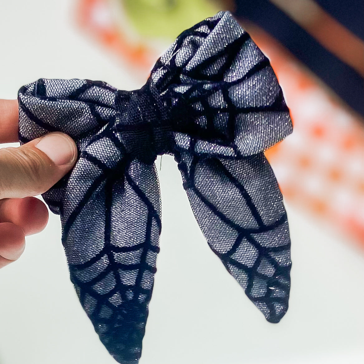 Spiderwebs on silver Halloween dog sailor bow