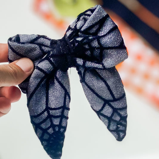 Spiderwebs on silver Halloween dog sailor bow