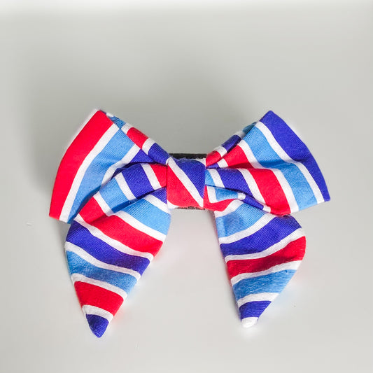 Bold red and blue striped Fourth of July dog sailor bow accessory