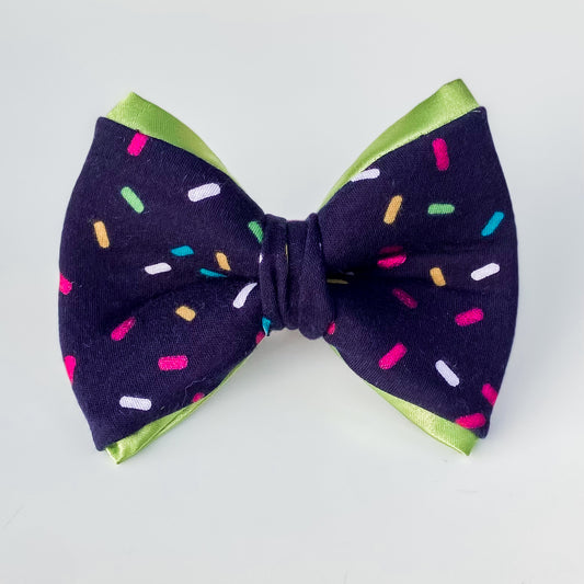 Blue sprinkles dog birthday bow with bright green trim
